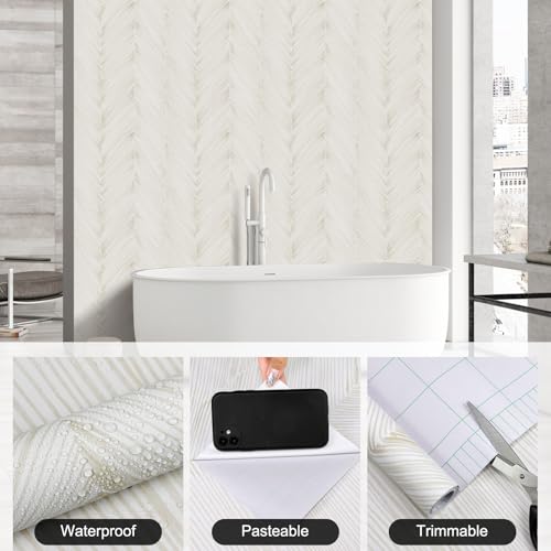Peel and Stick Wallpaper Boho Beige Herringbone Striped Wallpaper Modern Self-Adhesive Removable Contact Paper 17.3" x 120" Waterproof Vinyl for Bedroom Cabinets