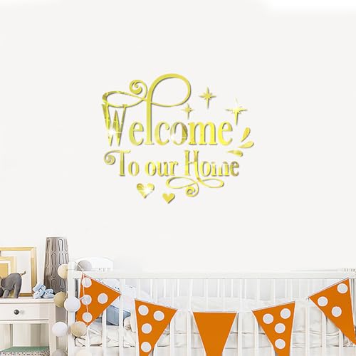 INCAUCA Welcome to Our Home Wall Decor Sticker, Home Acrylic 3D Mirror Wall Decal, Removable Art Letter Sign, Wall Door Quote Decoration DIY for Living Room Bedroom Sofa TV Background (Silver)