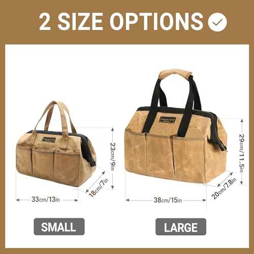 Tool Tote, 13-inch Heavy Duty Waxed Canvas Wide Mouth Tool Bag, Open Top tool Pouch with Handle for Tools, Wrenches, Screwdrivers (13 X 7 X 9 inch) | Khaki