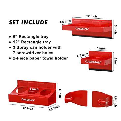 CASOMAN 4PCS Red Magnetic Toolbox Shelf, Tray, Paper Towel Holder, Variety of Use, Durable, Magnets Any Metal Surface