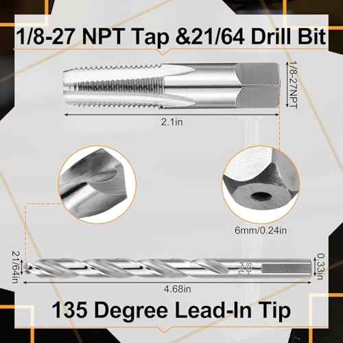 1/8-27 Npt Tap 21/64 Drill Bit, M2(6542) High Speed Steel Tap and Drill Bit Sets for Accurate Threads, Assorted Plumbers Mechanics DIY Thread Cutting Tools
