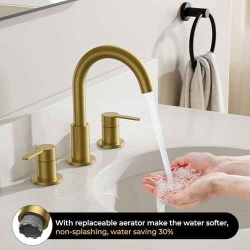 8 Inch 3 Hole Bathroom Faucets Brushed Gold, Widespread Vanity Faucet with Aerator, 360¡Æ Swivel High Arc Spout, Spot-Free Finish, cUPC NSF Certified, CEC & DOE Compliant, 2 Handle Sink Faucet