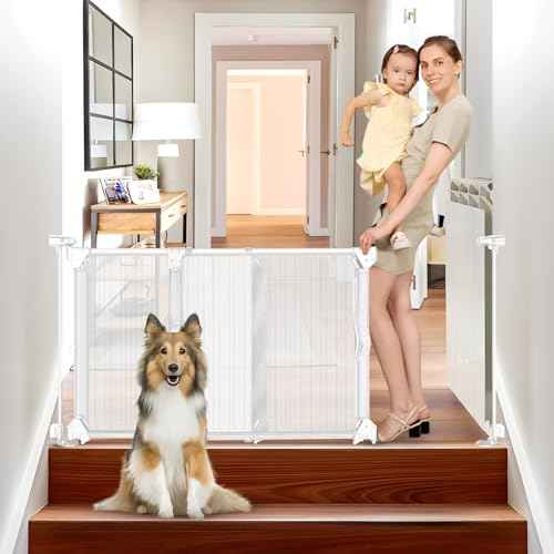 Sliding Baby Gate for Doorways Expandable 32"-55" Wide Adjustable Dog Gate 28 Inch Tall Step Over Pet Gate Indoor Mesh Dog Gate for Doorways Mesh Baby Gate for Stair Outdoor Baby Gate for Deck (White)