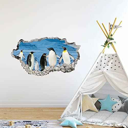 3D Wall Hole View Penguins Wall Decal Peel and Stick Animal Penguins Wall Mural Sticker for Kids Room Bedroom Playroom Wall Decor