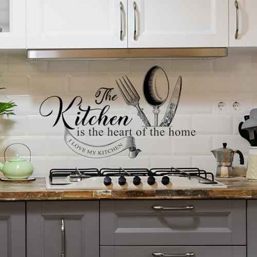 Runtoo Kitchen is The Heart of The Home Wall Sticker Fork and Knife Black Lettering Quotes Saying Wall Decals Kitchen Dining Room Restaurant Wall Decor