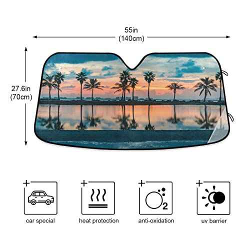 Beach Palm Windshield Sun Shade - Foldable Car Front Window Sunshades for Most Sedans SUV Truck - Blocks UV Rays and Keeps Your Vehicle Cool, 55*27.6inch