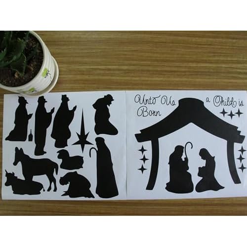 Large Christmas Nativity Scene Wall Decor Stickers Unto Us a Child is Born Nativity Vinyl Wall Decal - Christian Decor Mural YA296 (Black)