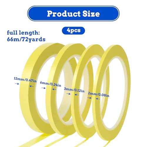 4 Rolls Pin Stripe Tape for Car Multi Size Pinstripe Tape Set 5/64,1/8,15/64,1/2 Inch x 72 Yard Long Masking Tapes for Automotive DIY Paint Art Yellow