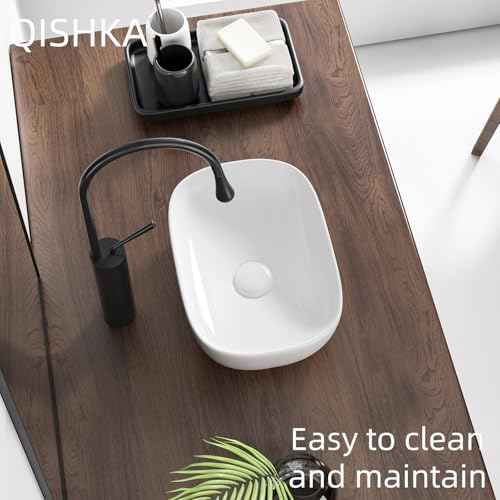 Small Vessel Sink Bowl Above Counter, QISHKA 14" x 10" Ceramic Oval Modern Bathroom Sink White Vanity Sink Lavatory Art Basin