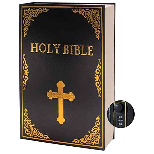 Leather Book Safe (Size 10.79"¡¿7.72"¡¿1.97") Real Paper Secret for Jewelry, Money and Cash, Diversion Book Safe,Hollow with Hidden, Combination Lock (L, Bible-Combination)
