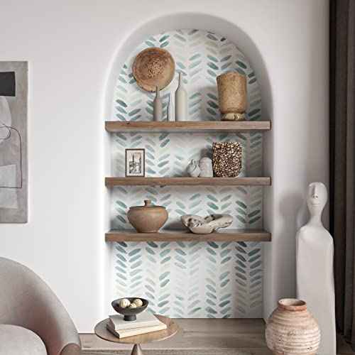 Sevalo Green and White Wallpaper Peel and Stick Wallpaper Boho 17.3inW 78.8inLContact Paper for Cabinets Green Herringbone Contact Paper Self-Adhesive Removable Bedroom Bathroom Waterproof Teal Kids