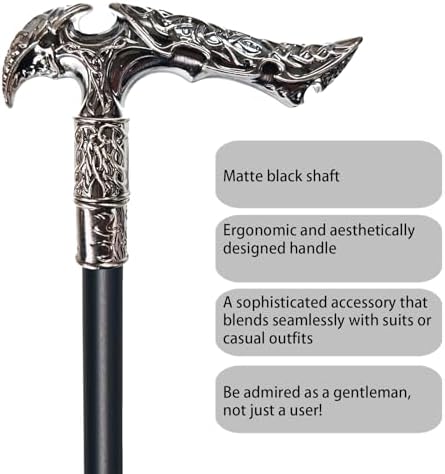 Walking Cane for Men & Women & Seniors - 36.5 Inch Heavy Duty 500+ lbs Capacity, Ergonomic Handle, Ornate & Decorative, Elegant Matte Black & Silver Metal Cane with Goth & Gothic Aesthetic