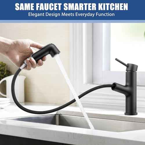 HURRAN Pull-Out Bathroom Faucet, Single Lever Basin Mixer with 2 Water Flow Modes, Short Design, Stainless Steel, Matte Black