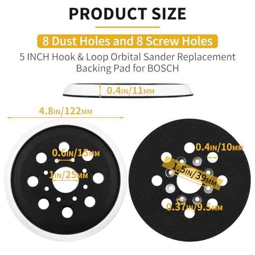 5" Hook & Loop Replacement Sander Pad RS034 & RS035 Compatible with Bosch Random Orbital Sander ROS20 ROS20VS ROS20VSC ROS20VSK GEX12V GEX18V ROS10, 5 Inch 8 Holes Hard Sand Backing Pad