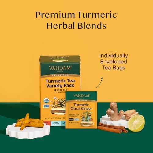 VAHDAM, USDA Organic Turmeric Herbal Tea Sampler (20 Tea Bags, 4 Flavors), Caffeine-Free, Gluten-Free |Turmeric with Citrus, Ginger, Chamomile & Peppermint Tea Variety | Individually Wrapped