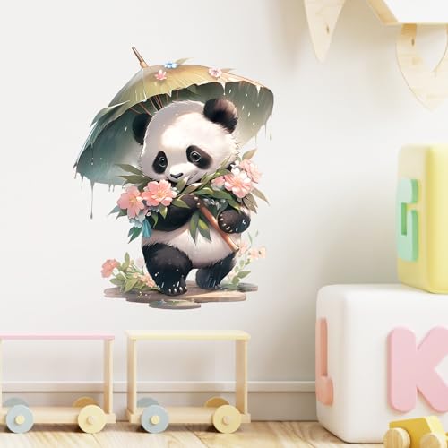 Panda & Bamboo Umbrella and Flowers Wall Stickers Nursery Animal Wall Decals for Kid Removable Peel and Stick Wall Art Home Decor Decoration for Classroom Preschool Living Room Bedroom