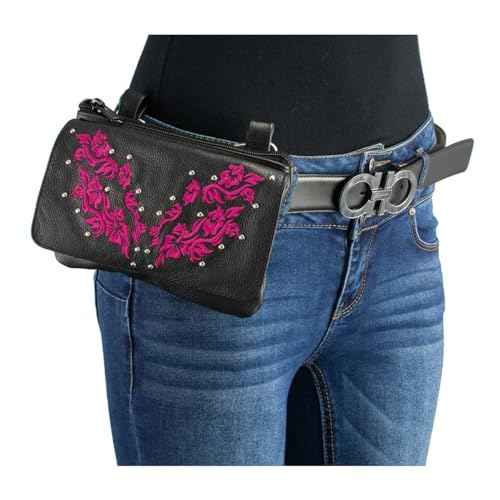 Milwaukee Leather MP8853 Women's 'Flower' Black and Pink Leather Multi Pocket Belt Bag - One Size