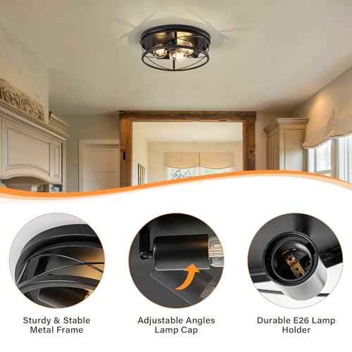 Farmhouse Light Fixtures, Black Round Metal Flush Mount Ceiling Light, 3-Light Cage Ceiling Lamp for Kitchen, Foyer, Bedroom, Hallway£¨Bulbs Not Included£©