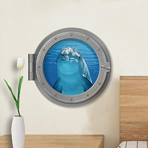 Woodland Arts 3D 11 x 11 inch Undersea Cute Dolphin Blue Deep Sea Porthole Submarine View Tropical Ocean Removable Vinyl Peel and Stick Decorative Wall Decals Stickers , 59