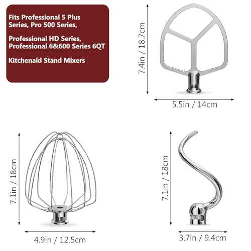 Stainless Steel Attachments 3-Piece for KitchenAid 5.5-6 QT Bowl-Lift Stand Mixer and Mixing Bowl,Includes Wire Whisk, Flat Beater, Dough Hook,Dishwasher Safe and Heavy Duty