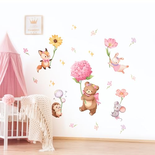 Pink Cartoon Animal Wall Decals, Bear Squirrel Rabbit Holding Flowers Flying Wall Stickers Peel and Stick Wall Decal Self Adhesive Wall Art Sticker for Girls Baby Nursery Kids Room Home Decor