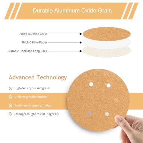 50 PCS 6 Inch 6 Hole Sanding Discs, Hook and Loop 80 120 220 320 400 Assorted Grits Sandpaper Disc for Random Orbital Sander