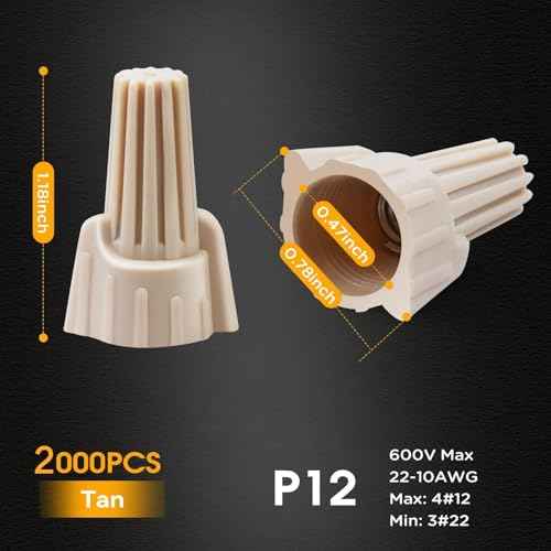 Leepenk Tan Wire Nuts Connectors P12 22-10AWG Twist Wire Caps Electrical Wire Connectors, Winged Springs Screw Terminals Wire Nuts Assortment Kit for Wire Connection(2000 pcs)