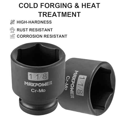 MAXPOWER 1/2 Inch Drive 1-1/8 Inch Standard Impact Socket, Made with Heat-Treated Chrome Molybdenum Steel, 6-Point Design, SAE