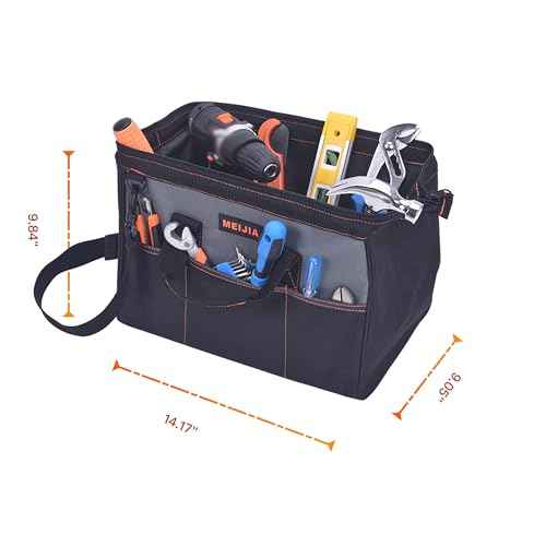 MEIJIA Portable Waterproof Tool Bag, Wide Mouth Open, Multi Inside Pockets for Tool Storage with Adjustable Shoulder Strap(14")