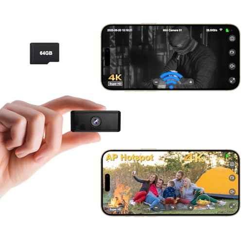 Spy Camera, Works with or Without WiFi, 4K Mini Camera Wireless, Small Cameras for Home Security, Built-in 64GB TF Card, 940nm Night Vision, Motion Detection, for Indoor Outdoor Use