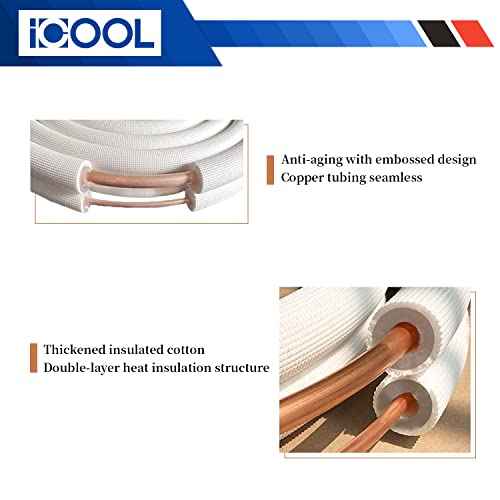 ICOOL 10 Ft. Mini Split Line Set, 1/4" & 3/8" O.D. Twin Copper Pipes, 3/8" Thickened PE Insulated Coil Copper Line for Air Conditioner HVAC Refrigeration and Heating Equipment, with Fittings