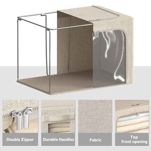 4 Pack Clothes Storage Bins with Metal Frame - Linen Fabric Foldable Stackable Container Organizer Set with Clear Window & Carry Handles & Zippers (Beige, 15.7"x11.8"x7.8")