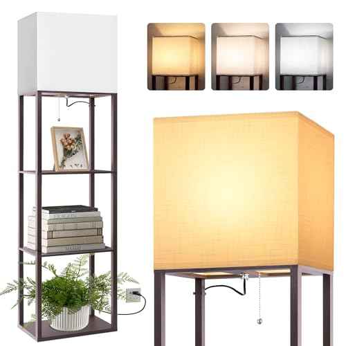 Dott Arts Floor Lamp with Shelves, Wide Floor Lamps for Living Room Display Shelf Lamps with 3 Color LED Bulb,Storage Wood Modern Floor Lamp for Bedroom Standing Lamp for Living Room Office£¨Walnut£©
