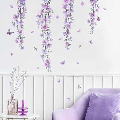 Hanging Purple Flower Wall Stickers Vine Floral Wall Decals for Girls Kids Bedroom Nursery Living Room TV Wall Decor