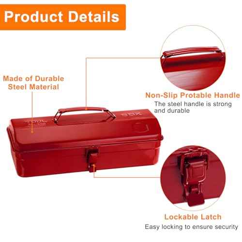 HARFINGTON Tool Box 14.2" Portable Steel Tool Box Hip Roof Style with Metal Latch Closure Tool Chest for Household Workshop Car, Red