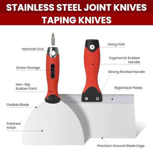 10Pcs Drywall Tool Kit, Stainless Steel Putty Knife Set with 1"-6" Knives, 8"-12" Taping Knives, 9-in-1 Painter Scraper, 12" Mud Pan & 6" Scoop for Drywall Taping, Finishing, and Patching