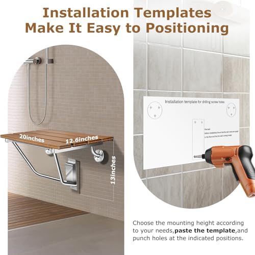 Folding Shower Seat Wall Mounted 20" with Stainless Steel Bracket, Structural Stability, 500 lb Capacity, Space-Saving, Teak Shower Bench for The Elderly, Disabled, Pregnant Individuals, Children