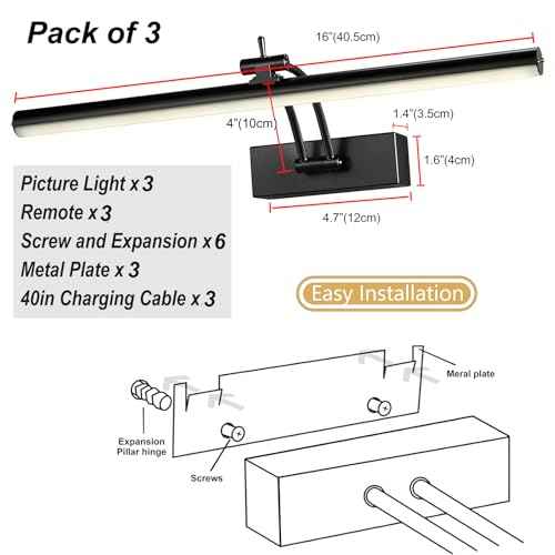 3 Pack Picture Lights for Wall Battery Operated, 16 inch Wireless Art Lighting for Painting, 6 Colors Picture Frame Lights with Remote, Dimmable 5200mAh Gallery Light, Black