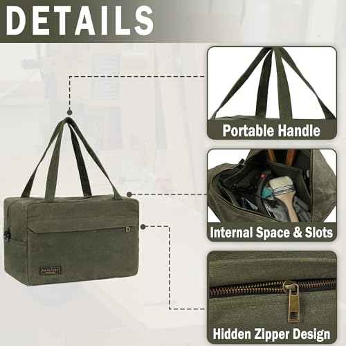 16OZ Waxed Canvas Tool Storage Bag, Heavy Duty Hand Tools Organizer with Hidden Zipper Pocket & 4 Internal Slots & Carrying Handle | Army Green | Multi-Purpose Tool Bag for Mechanic Electrics - S