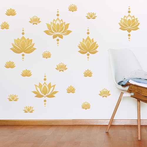 PLIGREAT 2 Sheets Lotus Flower Wall Decals DIY Gold Dot Removable Vinyl Stickers for Yoga Center Bedroom Living Room Zen Room Meditation Home Background Wall Art Decor Yoga Lovers Gift