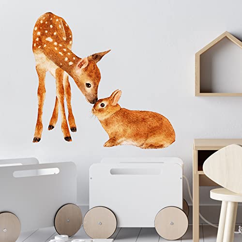Cute Deer and Rabbit Wall Decal Nursery Woodland Animal Wall Sticker Removable Peel and Stick Wall Art Decor Stickers for Kids Baby Classroom Preschool Living Room Playing Room Bedroom School