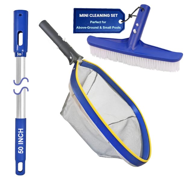 Poolvio Swimming Pool Cleaning Kit, 14'' Brush Head & 50'' Telescopic Aluminum Pole with Fine Mesh Skimmer Net - Perfect for Above Ground Pools, Spas, Hot Tub Fountains Blue (PK0140)