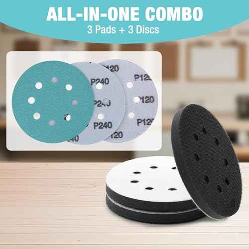 WORKPRO 5 Inch Orbital Sander Interface Pads and Sanding Discs, 3 Foam Buffer Pads & 3 Grit Sandpaper (80/120/240), 8 Hole Hook and Loop Soft Cushion Sponge Backing for Sander