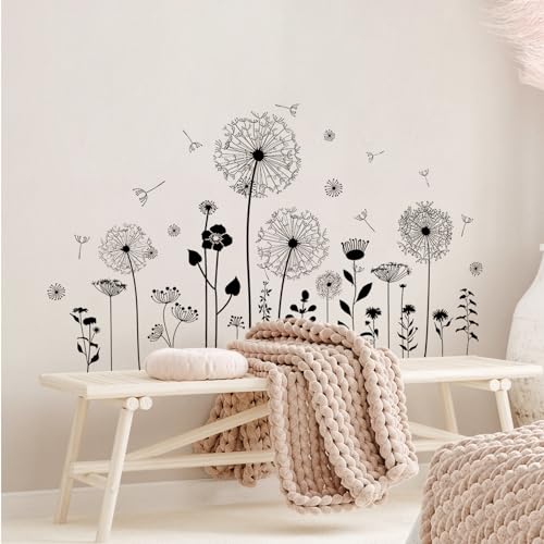 Supzone Black Dandelion Wall Stickers Attractive Flying Flower Butterfly Wall Decals Peel and Stick Creative Self Adhesive Wall Art Sticker for Bedroom Living Room Office Sofa Wall Decor