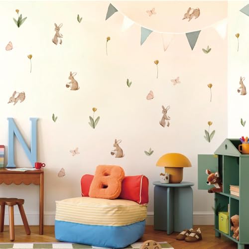 Summertime Watercolor Cute Bunnies and Flowers Nursery Wall Decal, Peel and Stick Reusable and Removable Kids Wall Stickers