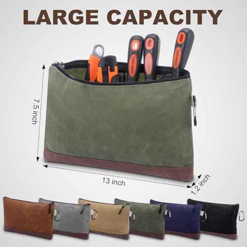 Eccliy 6 Pack Waxed Canvas Pouch 13 x 7.5 Inch Heavy Duty Tool Bags Small Canvas Storage Pouch with Zipper Carabiner Water Resistant Multipurpose Organizer for Men Tools Gadgets Organizers