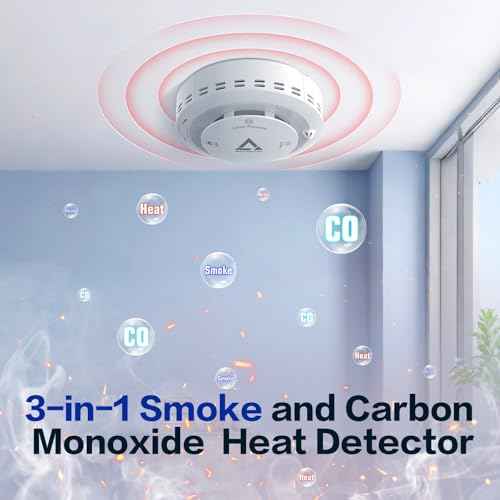 Smoke and Carbon Monoxide and Heat Detector 3-in-1 CO/Smoke/Temp Alarm 10-Year Battery, 85dB Voice Alert, Explosion-Proof ABS, Easy Installation Home Safety Device (Includes AA Batteries)