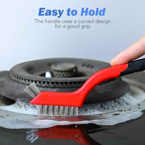Wire Brush Set, 3 Pcs Stainless Steel/Brass/Nylon Wire Brushes for Cleaning with Curved Handle Grip for Rust Removal, Dirt, Paint Scrubbing(Red)