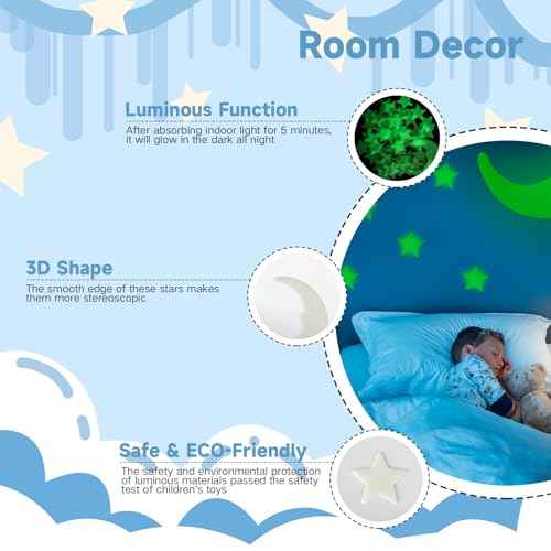 Glow in The Dark Stars for Ceiling,45Stars & 1Moon,Glow in The Dark Stars,Luminous Star and Moon Wall Stickers,Star Stickers for Bedroom Decor, Birthday Gifts£¨Green£©