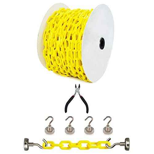 Reliabe1st 126 Feet Yellow Plastic Safety Barrier Chain with 4 Magnetic Hooks and 1 Chain Cutter | Caution Security Chain Safety Chain for Crowd Control